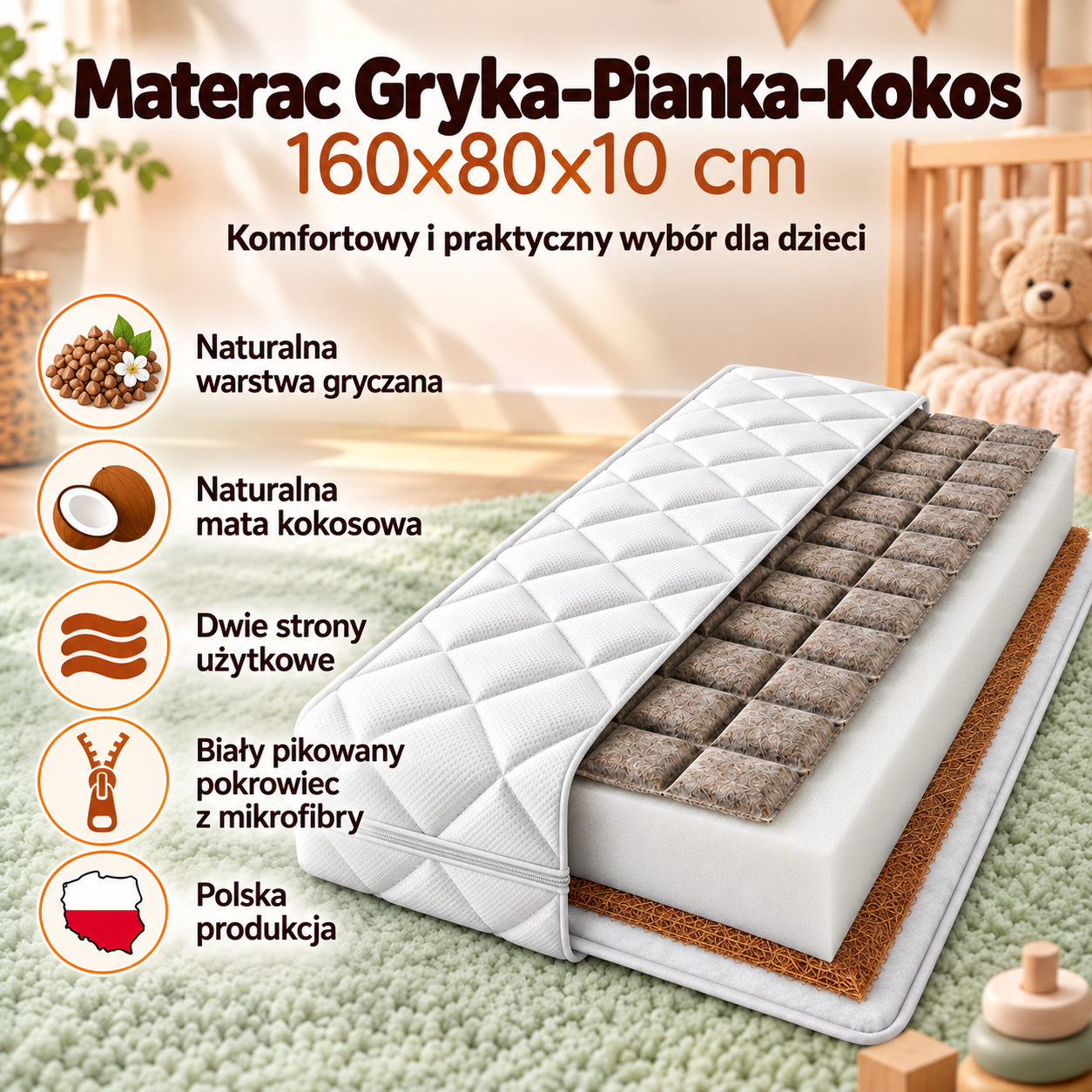 Materac Gryka Pianka Kokos Nikola 160x80x10 cm z dwiema stronami użytkowymi