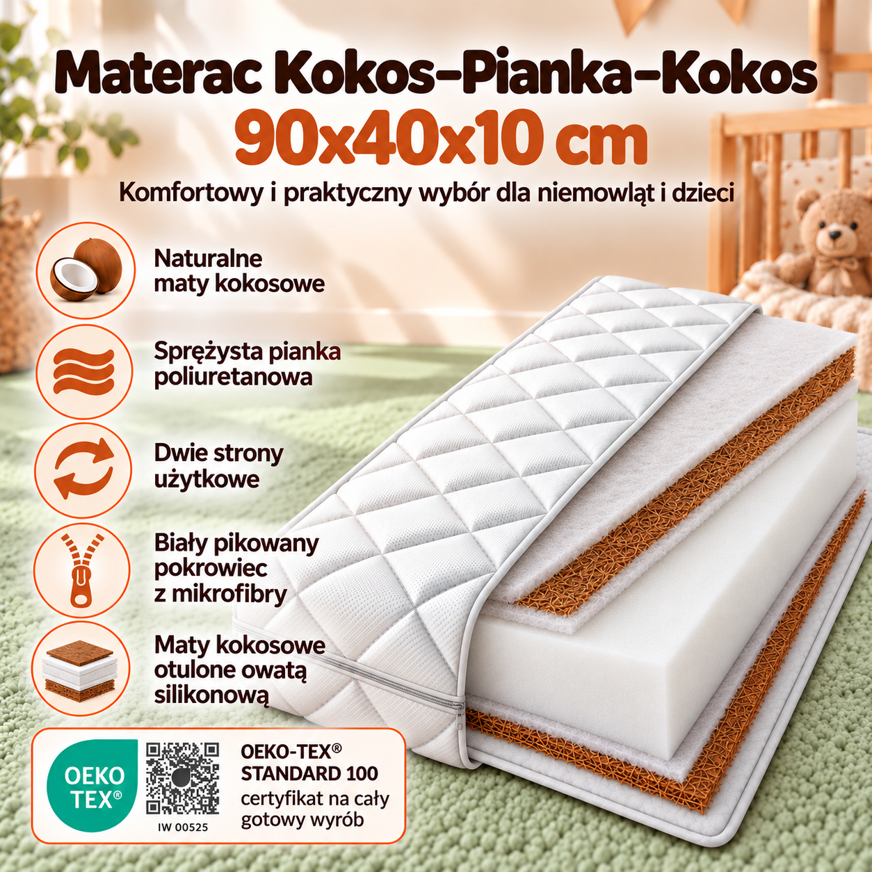 Materac Kokos Pianka Kokos 90x40x10 cm Nikola do kołyski