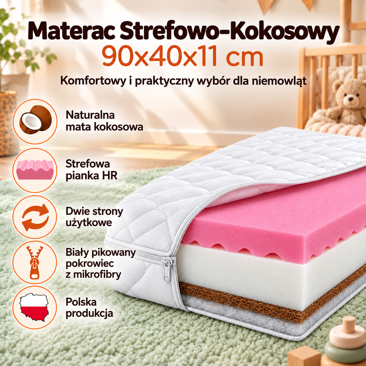 Materac Strefowo Kokosowy Nikola 90x40x11 cm do kołyski