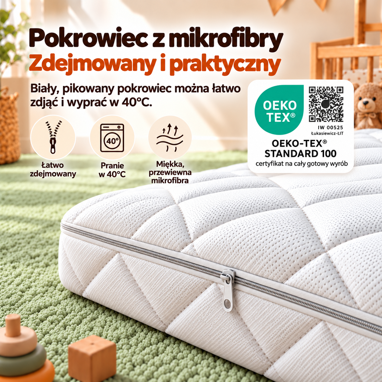 Biały pikowany pokrowiec z mikrofibry, zdejmowany i przeznaczony do prania w 40 stopniach
