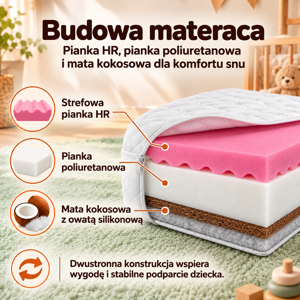 Budowa materaca Nikola – pianka HR, pianka poliuretanowa i mata kokosowa