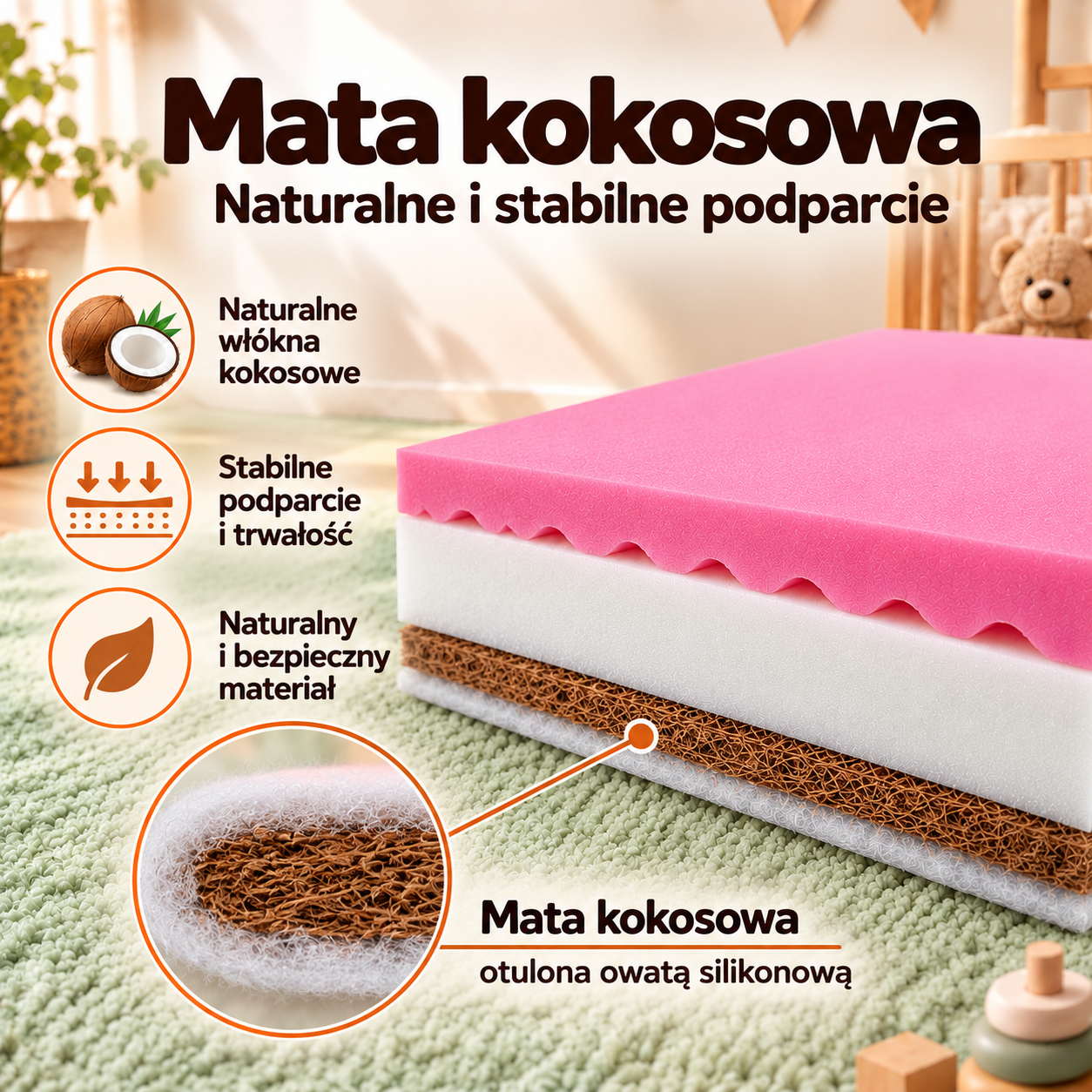 Naturalna mata kokosowa otulona owatą silikonową w materacu dziecięcym Nikola