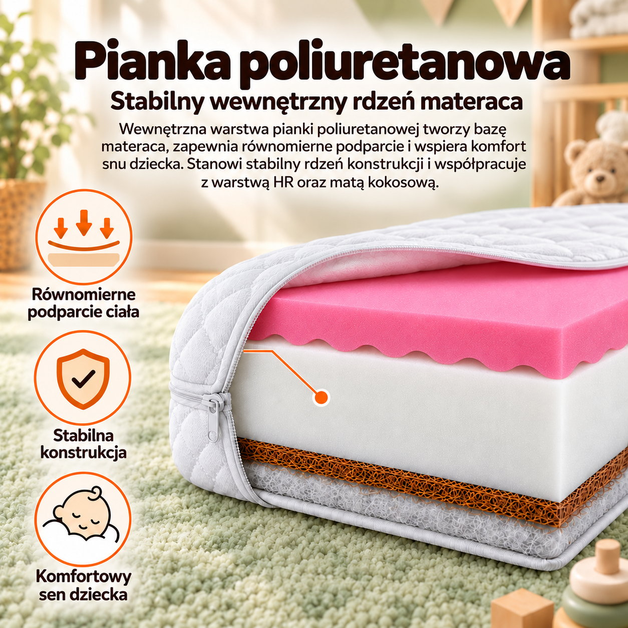 Biała pianka poliuretanowa tworząca wewnętrzny rdzeń materaca Nikola