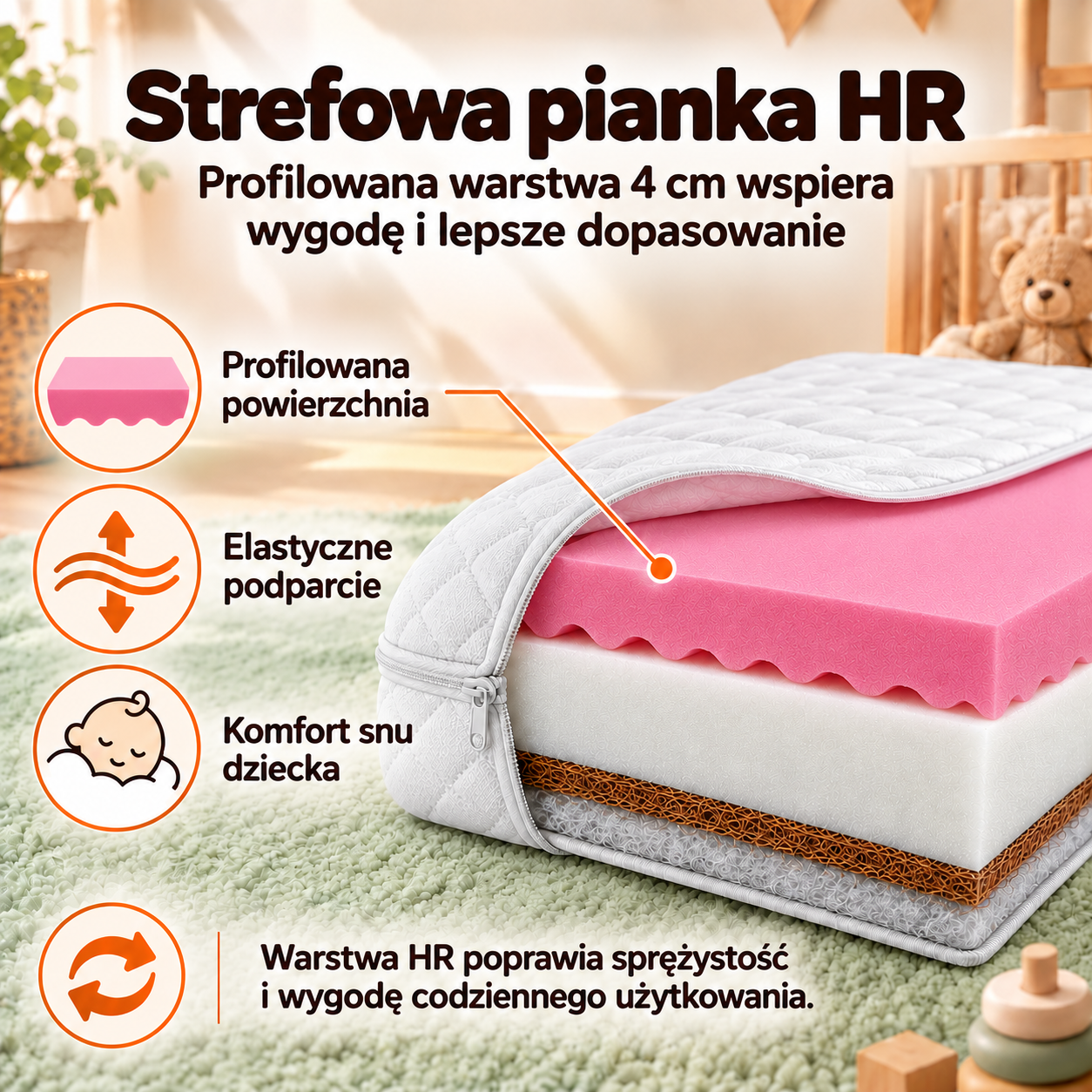 Profilowana od spodu różowa pianka HR w materacu Nikola