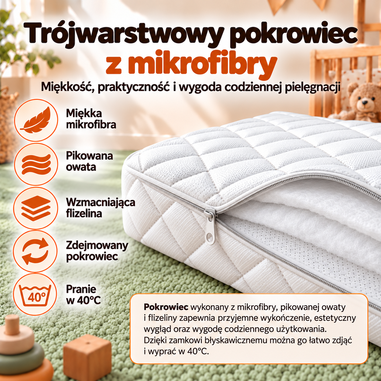 Trójwarstwowy pokrowiec Nikola – mikrofibra, pikowana owata i flizelina