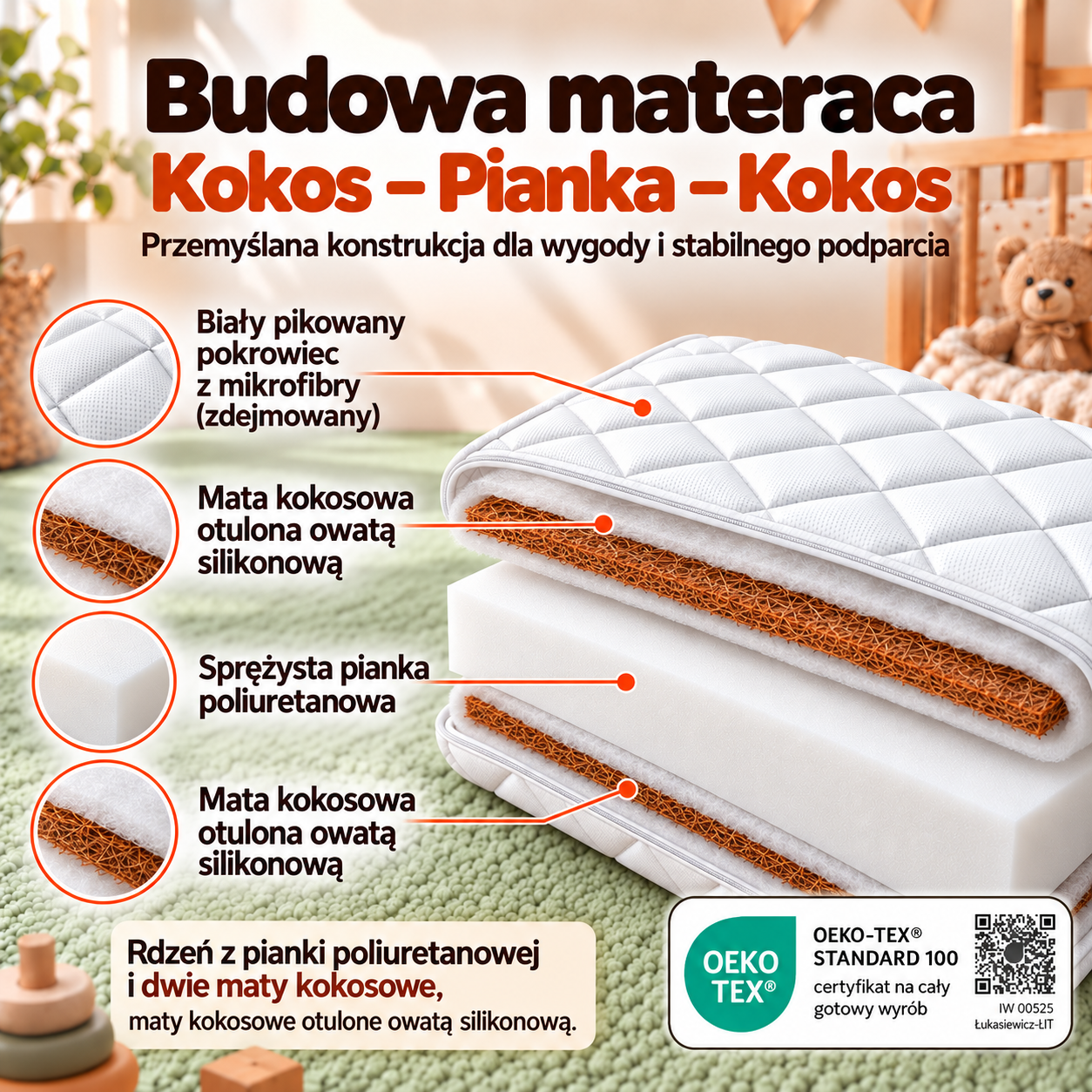 Budowa materaca Kokos Pianka Kokos – dwie maty kokosowe z owatą i rdzeń piankowy