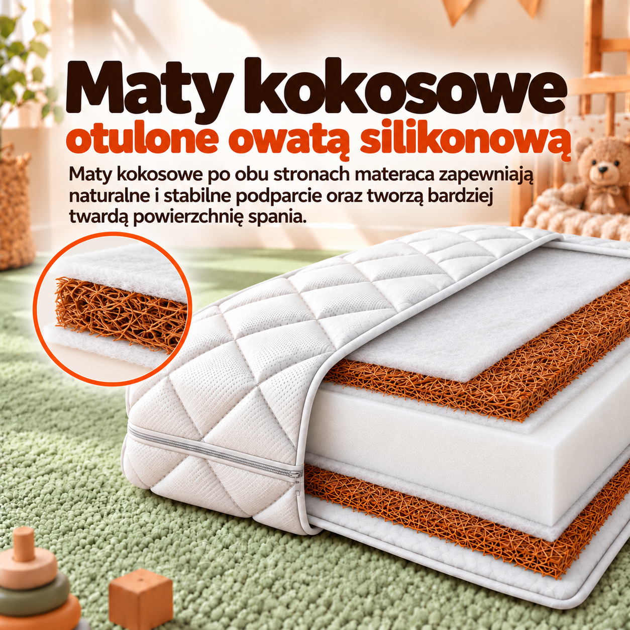 Naturalne maty kokosowe otulone owatą silikonową w materacu dziecięcym Nikola