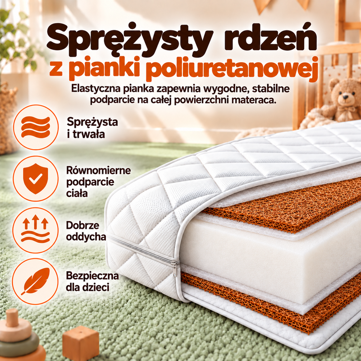 Sprężysty rdzeń z pianki poliuretanowej w materacu Kokos Pianka Kokos Nikola
